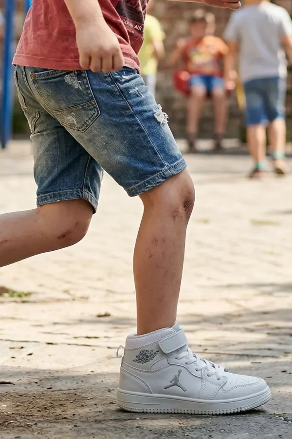 Eveji Beyaz Çocuk Basketbol Ayakkabısı - Yüksek Bilekli Cırt Cırtlı Sneaker