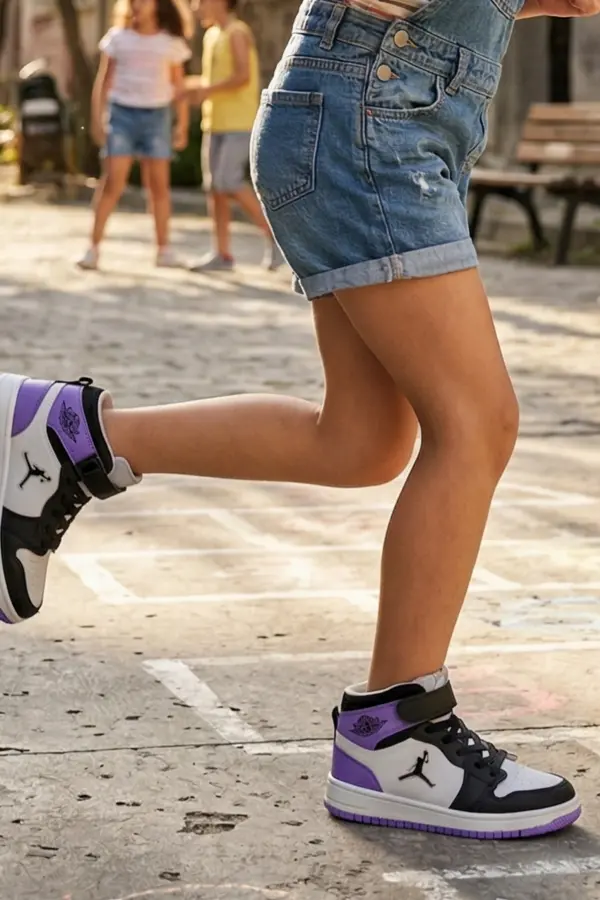 Eveji Mor Beyaz Çocuk Basketbol Ayakkabısı - Yüksek Bilekli Cırt Cırtlı Sneaker