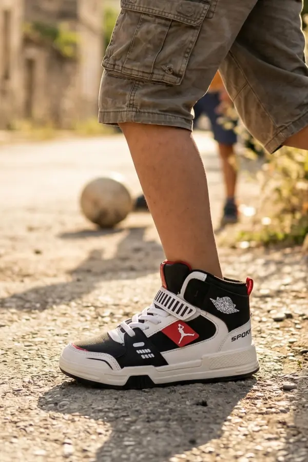 Seviya Siyah Kırmızı Beyaz Cırtcırtlı Çocuk Bot Tipi Spor Ayakkabı - Sokak Modası