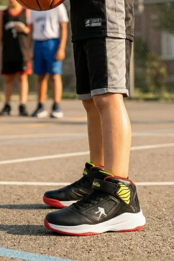 Kevill Erkek Çocuk Siyah Kırmızı Basketbol Ayakkabısı - Kaymaz Tabanlı Kids Bot