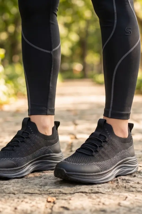 Air-Mesh Esnek Örgü Günlük Kadın Spor Ayakkabı - Siyah