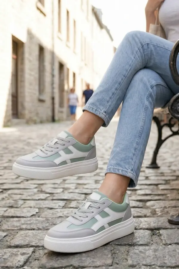 Meengi Unisex Beyaz Yeşil Detaylı Günlük Spor Ayakkabı - Sneaker