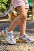 Pixel Fun Kız Çocuk Spor Ayakkabı - Beyaz Pembe Mor Detaylı, Cırt Cırtlı