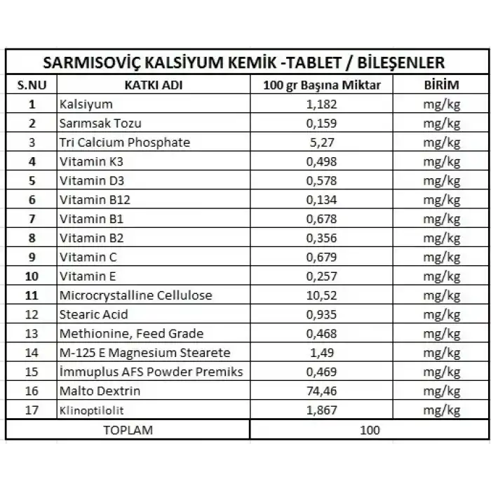 Baykuş Sarmısoviç Kalsiyum Kemik Tablet 1500 Adet