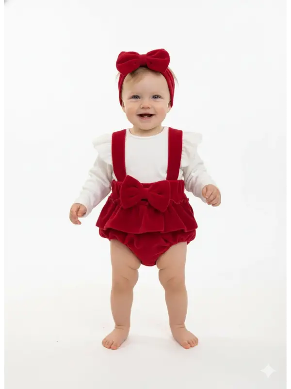 0-12 Ay Bandanalı Kırmızı Salopet Badili Takım