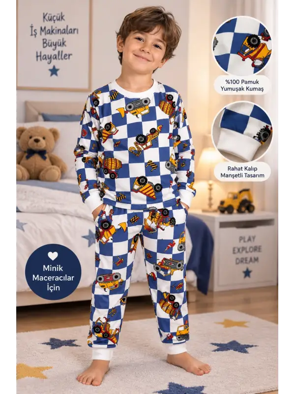 1-5 Yaş Kareli Araçlı Pijama Takımı