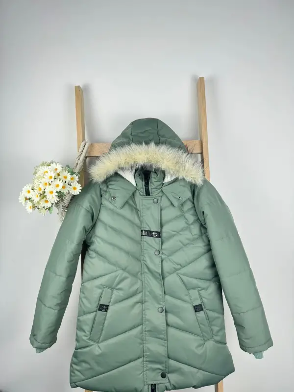 10-14 Yaş Kız Küf Yeşili Kürklü Mont