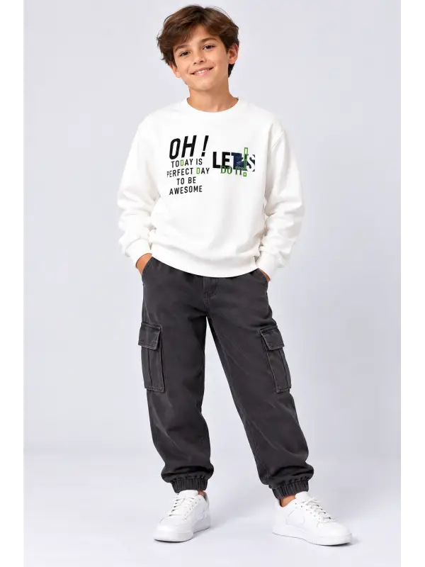 10-16 Yaş Beyaz Yazılı Sweat