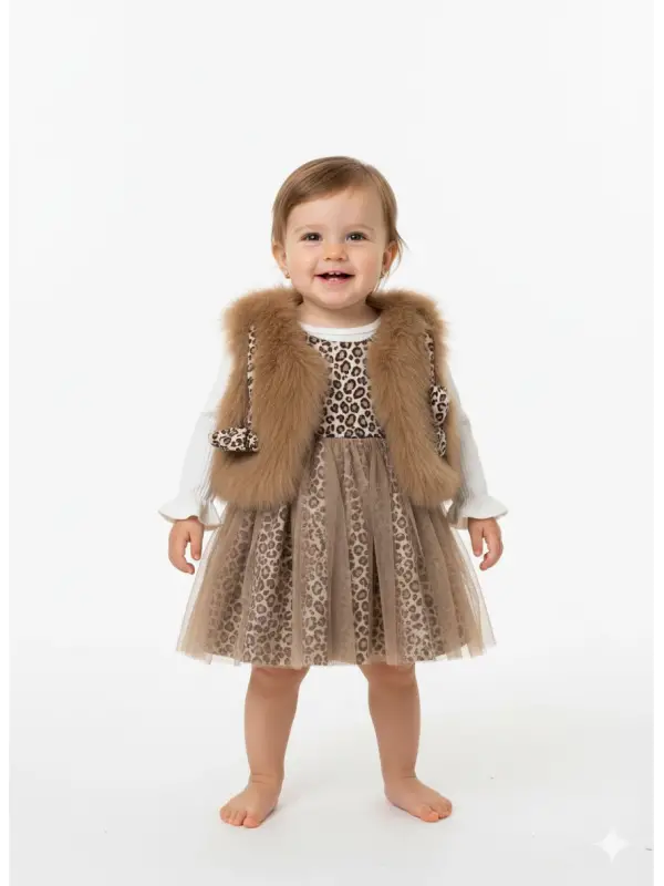 12-24 Ay Leoparlı Elbise Yelekli Takım
