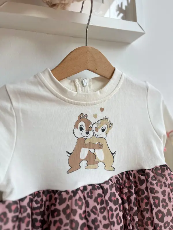 2-5 Yaş Leopar Desen Sincap Baskılı Elbise