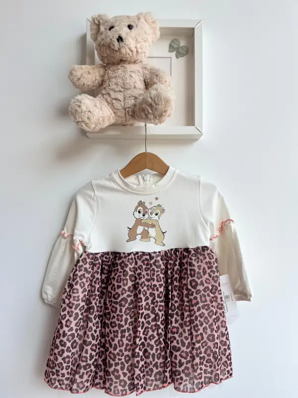 2-5 Yaş Leopar Desen Sincap Baskılı Elbise