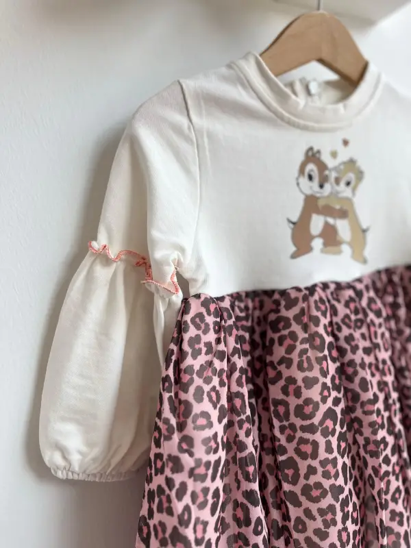 2-5 Yaş Leopar Desen Sincap Baskılı Elbise