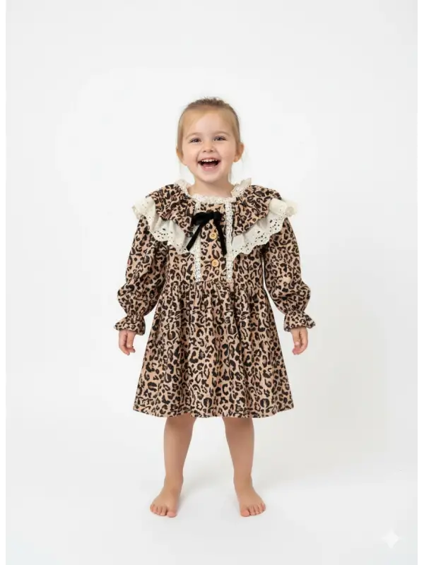 2-5 Yaş Leopar Yaka Detaylı Elbise