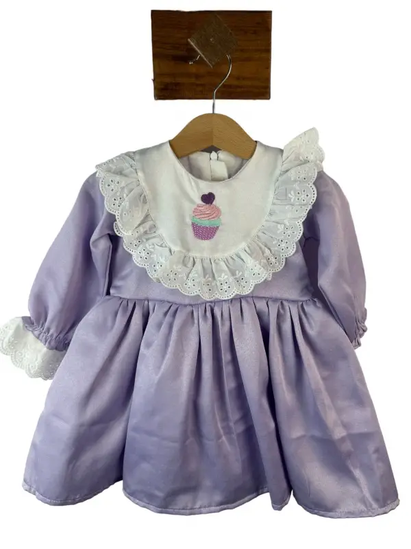 2-5 Yaş Lila Fisto Detaylı Pamuk Saten Elbise