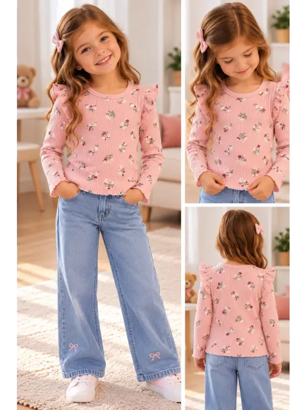 2-6 Yaş Pembe Çiçekli Fırfırlı Sweat