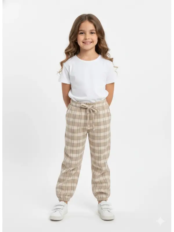 2-8 Yaş Krem Kareli Pantolon
