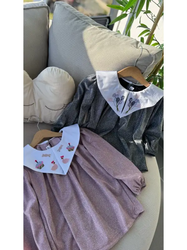 2-8 Yaş Rose Bebe Yaka Simli Mini Elbise