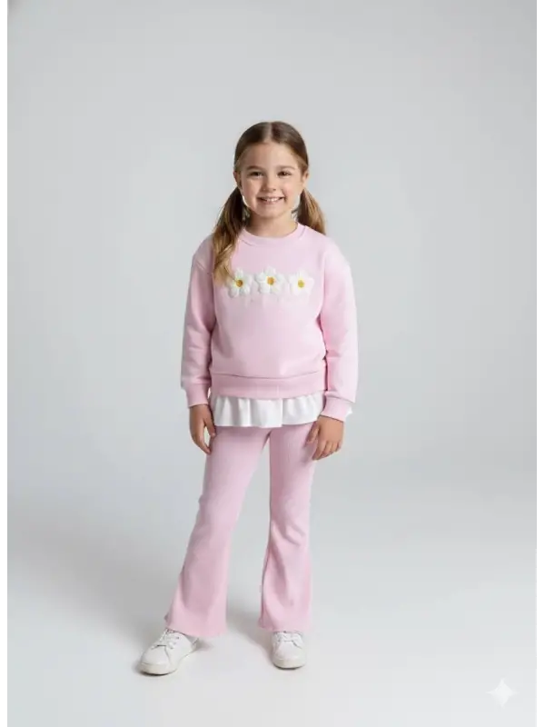 2-8 Yaş Toz Pembe Papatyalı Taytlı Takım