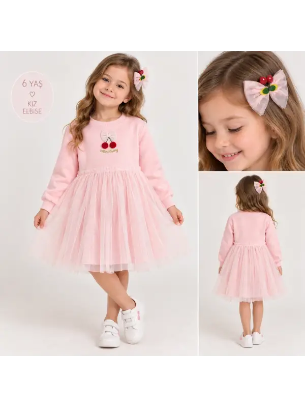 4-7 Yaş Pembe Kirazlı Tokalı Elbise