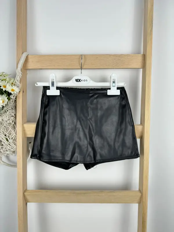 5-14 Yaş Siyah Deri Şort Etek