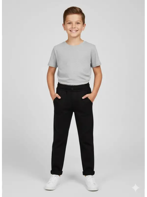 5-14 Yaş Siyah Düğmeli Bel Lastikli Pantolon