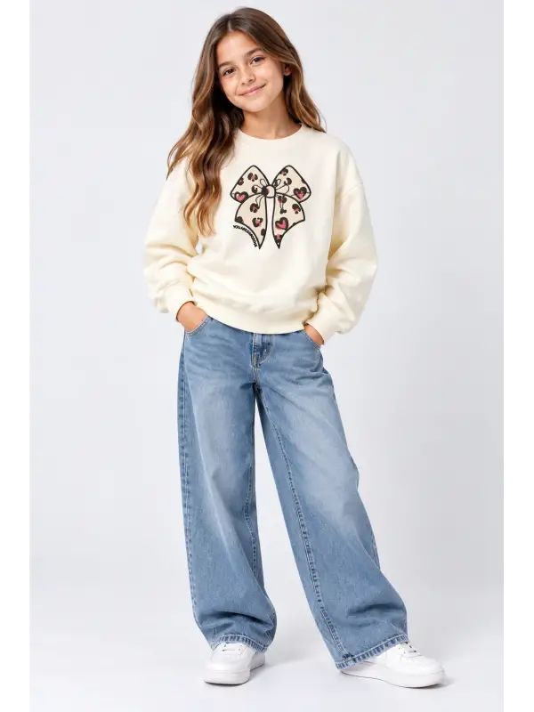 6-12 Yaş Krem Kurdela Leopar Sweat