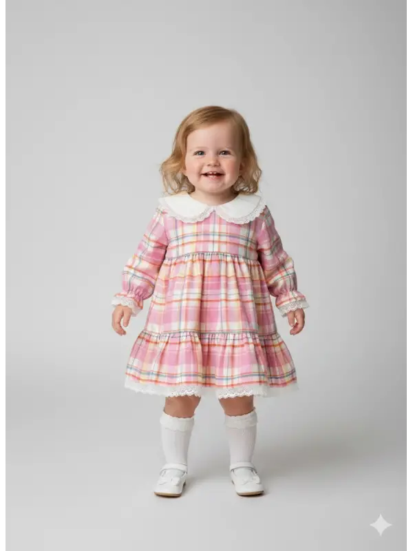 6-24 Ay Pembe Renkli Kareli Etek Kol Dantelli Elbise