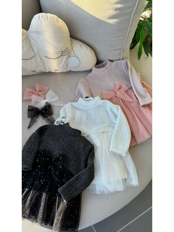 6-24 Ay Siyah Simli Tütülü Tokalı Triko Elbise