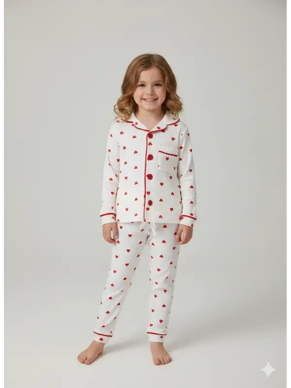2-5 Yaş Kırmızı Kalp Desenli Pijama Takımı