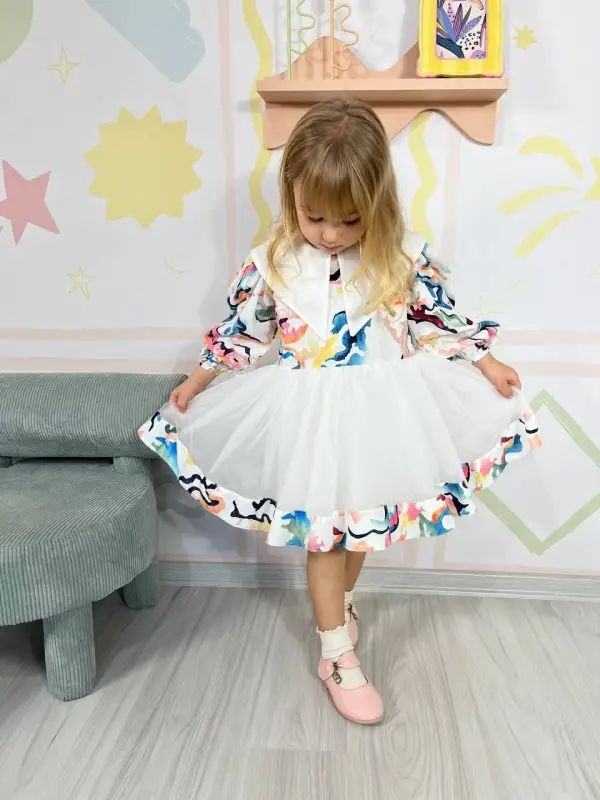 3-7 Yaş Desenli Tüllü Elbise