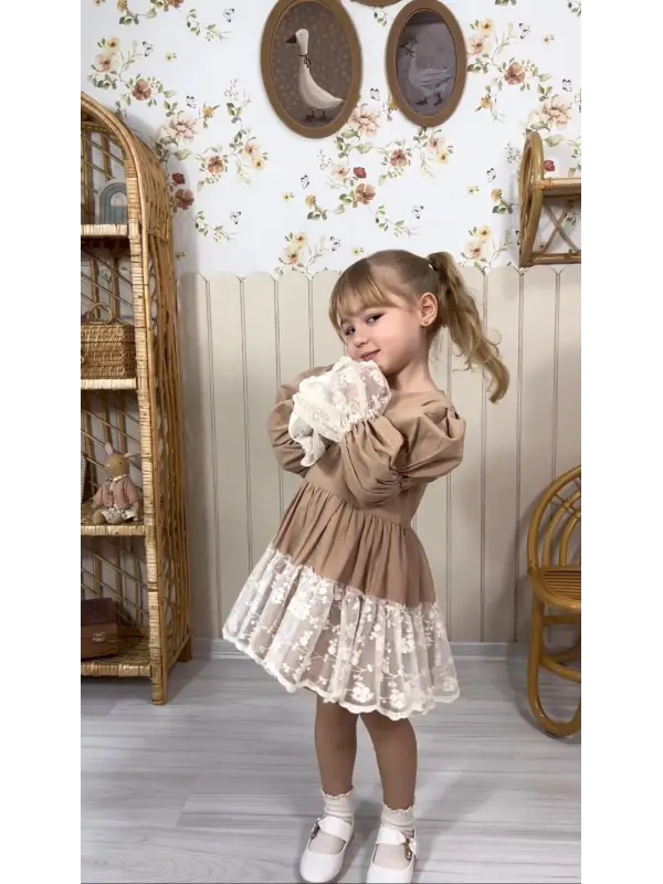 3-7 Yaş Sütlü Kahve Tüllü Elbise
