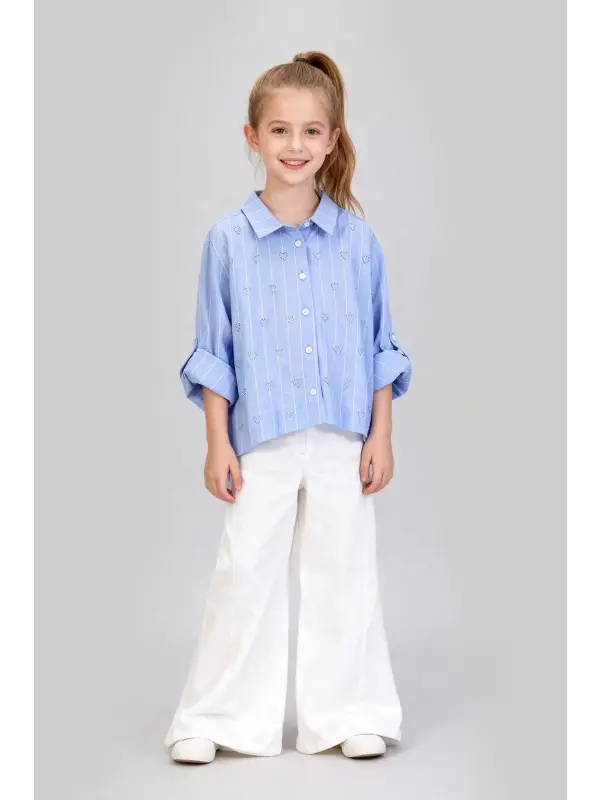 8-11 Yaş Mavi Çizgili Kalp İşlemeli Takım