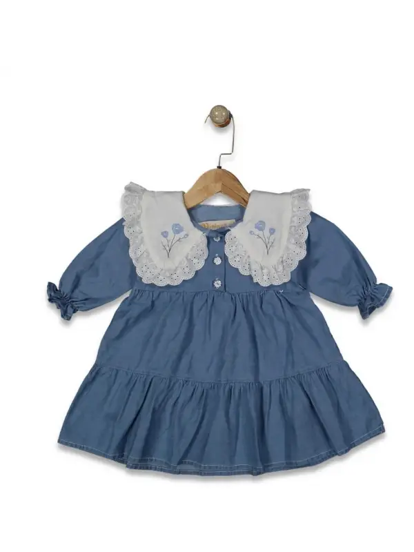 1-5 Yaş Yaka Çiçek Nakışlı Katlı Kot Elbise