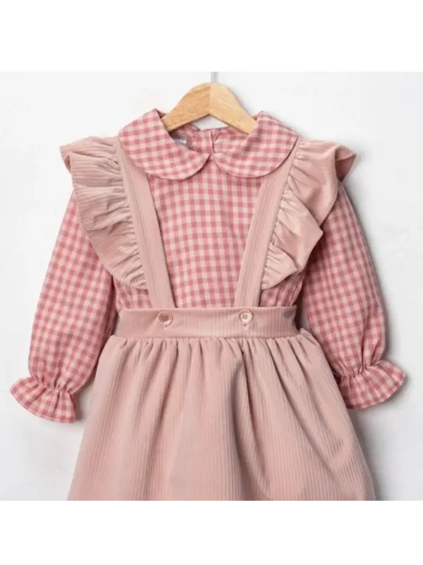 2-5 Yaş Pembe Kareli Gömlekli Salopet Elbise