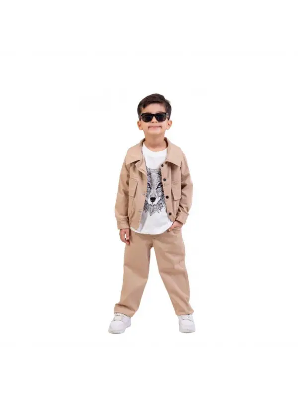 9-13 Yaş Bej Kurt Baskılı 3lü Takım