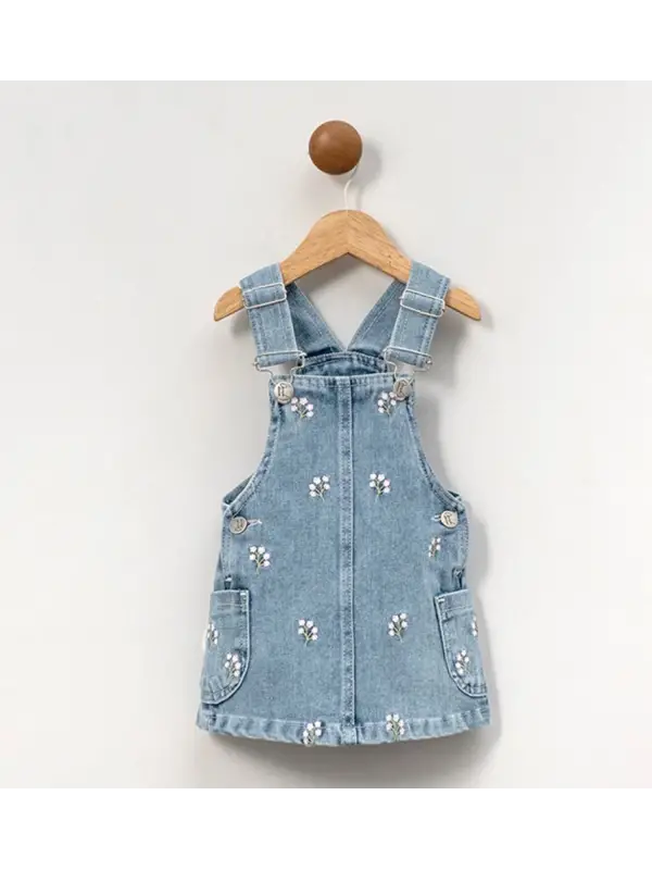 1-4 Yaş Çiçekli Kot Salopet Elbise