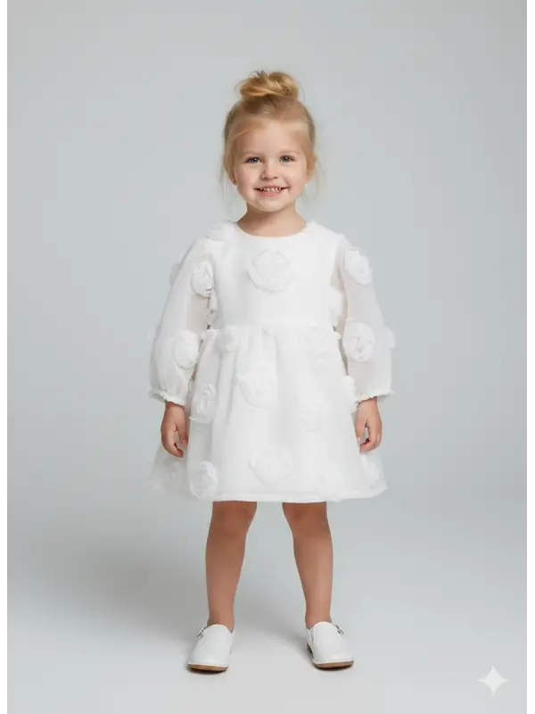 1-5 Yaş Beyaz Güllü Elbise