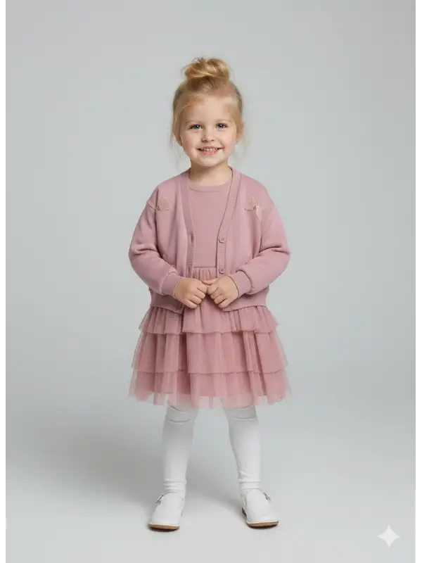 3-6 Yaş Pembe Kurdele Detaylı Hırkalı Elbise