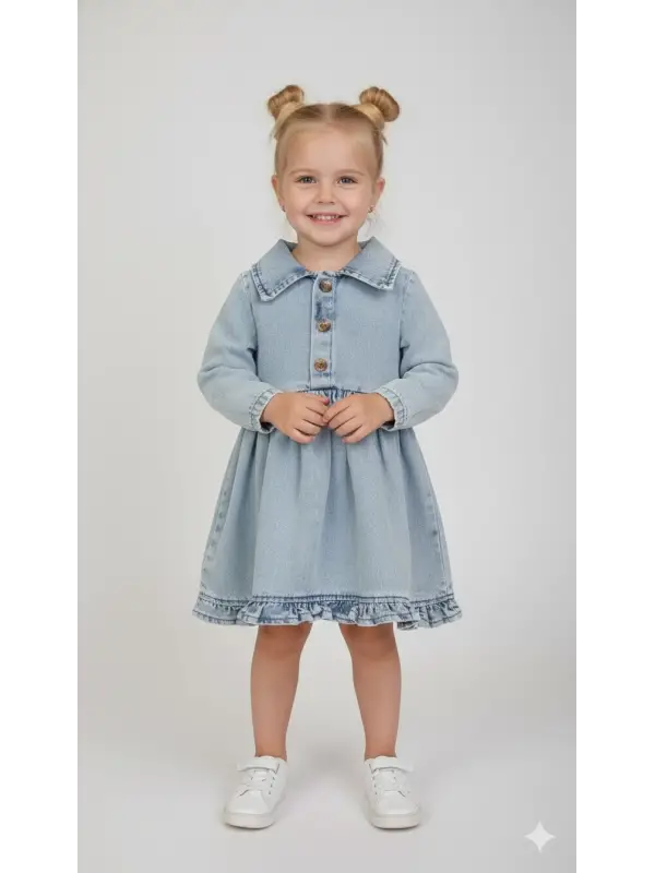 2-7 Yaş Yakalı Fırfırlı Kot Elbise