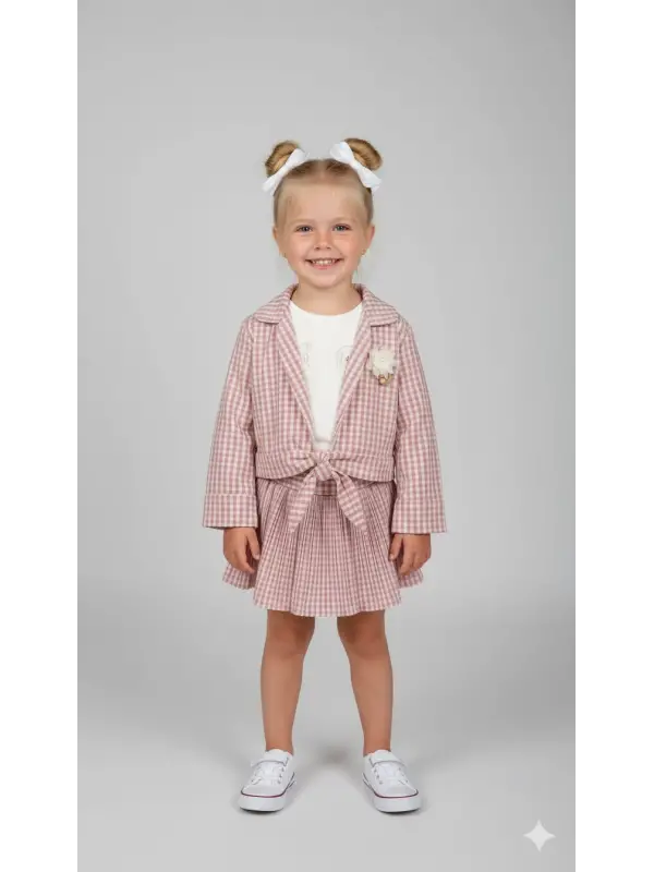 2-5 Yaş Pembe Ekoseli Etekli 3lü Takım