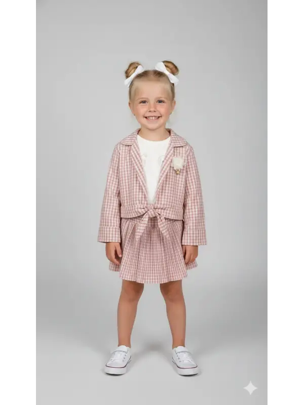 6-9 Yaş Pembe Ekoseli Etekli 3lü Takım