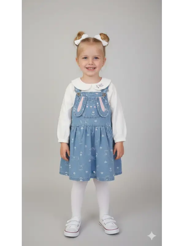 2-6 Yaş Tavşanlı Gömlekli Kot Elbise