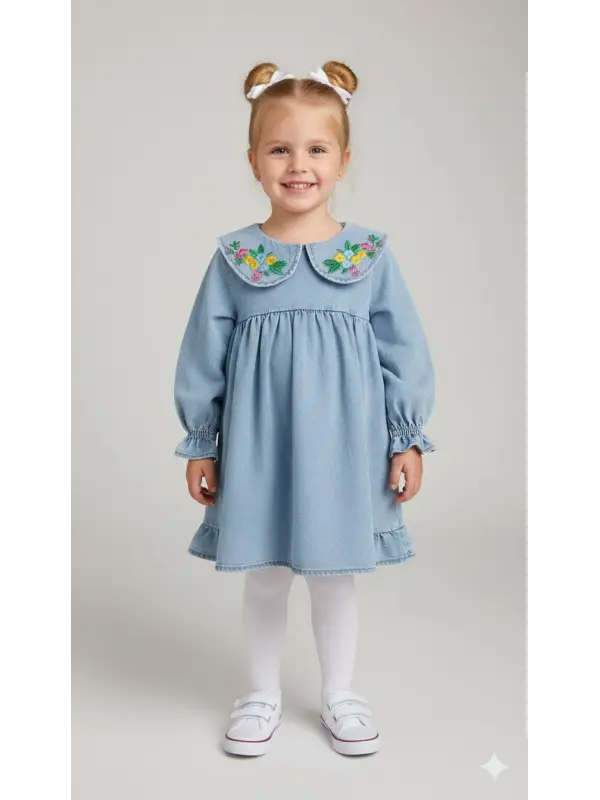 2-7 Yaş Yaka Çiçek Nakışlı Kot Elbise