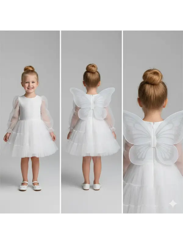 2-5 Yaş Beyaz Tüllü Sırt Kelebek Desenli Elbise