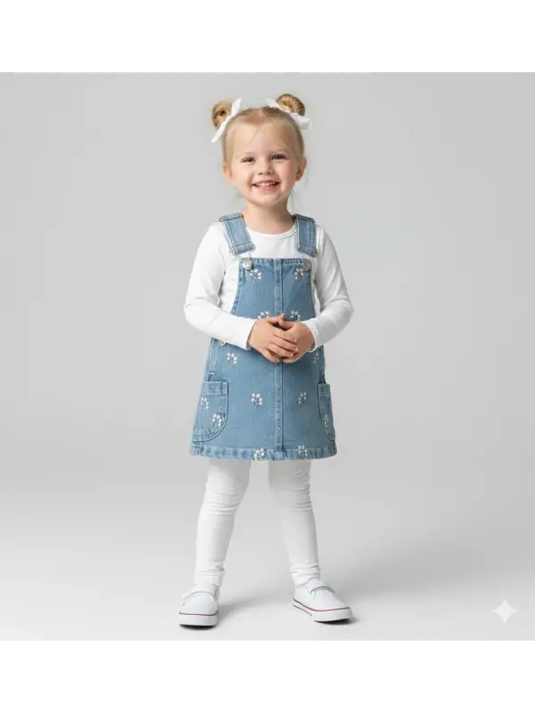 1-4 Yaş Çiçekli Kot Salopet Elbise