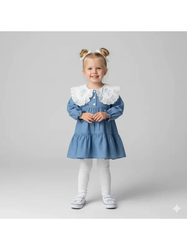 1-5 Yaş Yaka Çiçek Nakışlı Katlı Kot Elbise