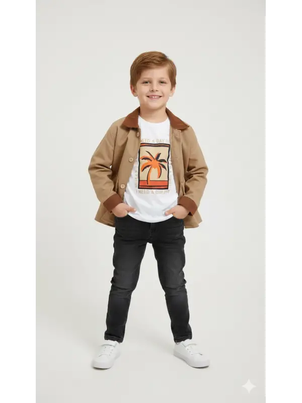 6-9 Yaş Palmiye T-Shirt Ceketli 3lü Takım