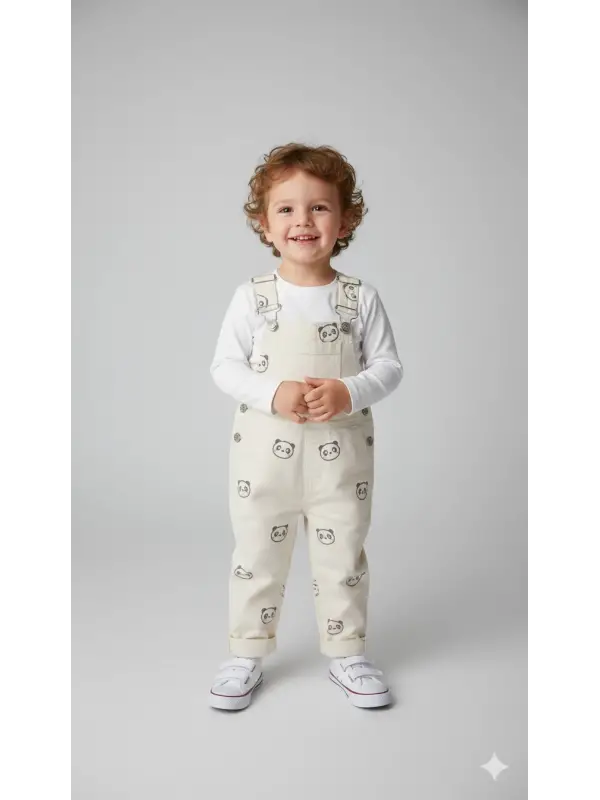 1-4 Yaş Panda Baskılı Ekru Salopet