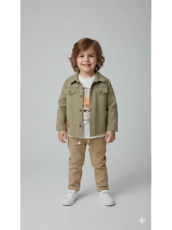 2-6 Yaş Araba Baskılı Haki Ceketli 3lü Takım