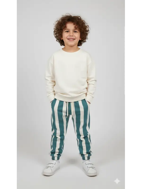 2-6 Yaş Güneş Baskılı Yeşil Çizgili Pantolon Takım